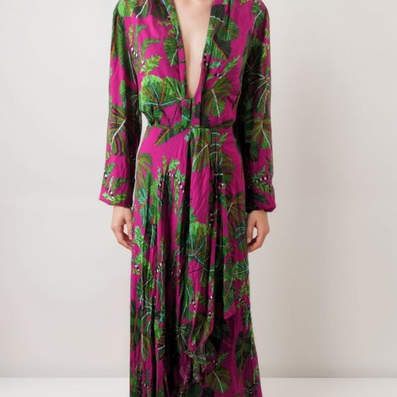 🌺 Farm Rio Leaves Pink Maxi Dress – Size XL – Deep V-Neck – 100% Viscose 🌺 - Picture 8 of 16